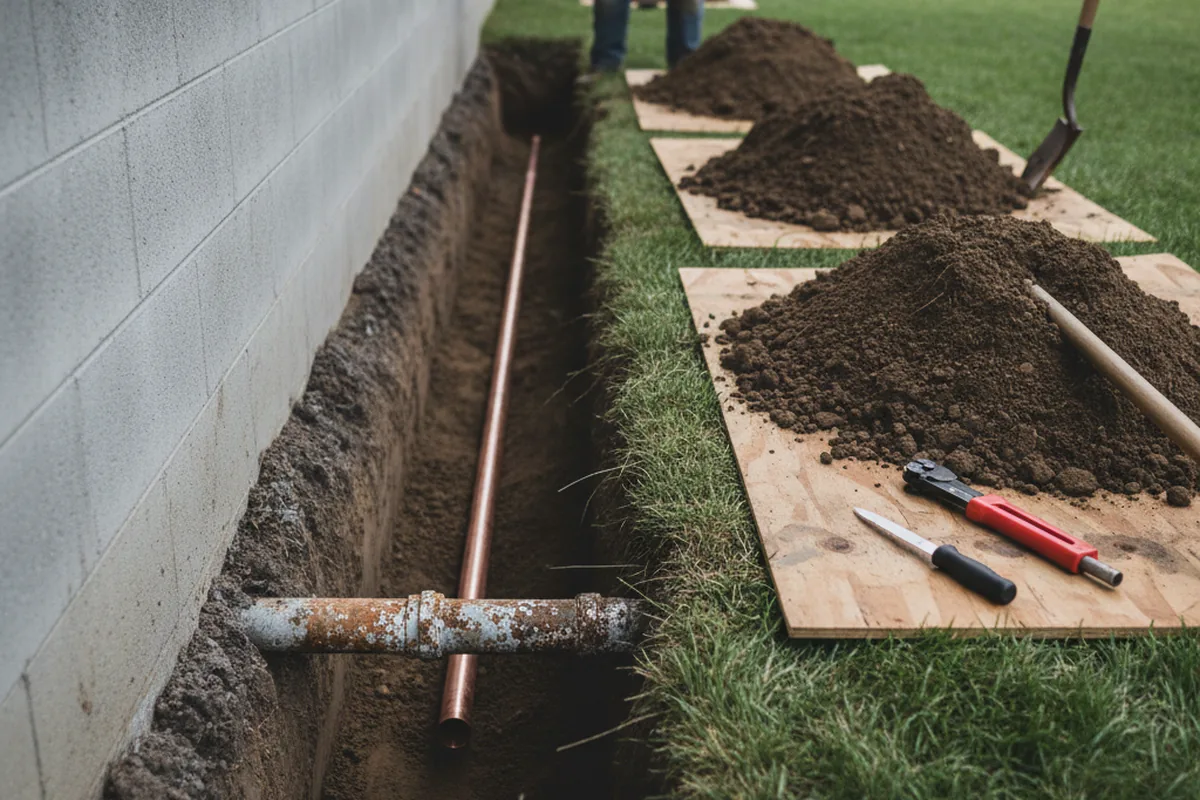 Excavated water line trench during Water Heater Repair in Pine Bluff